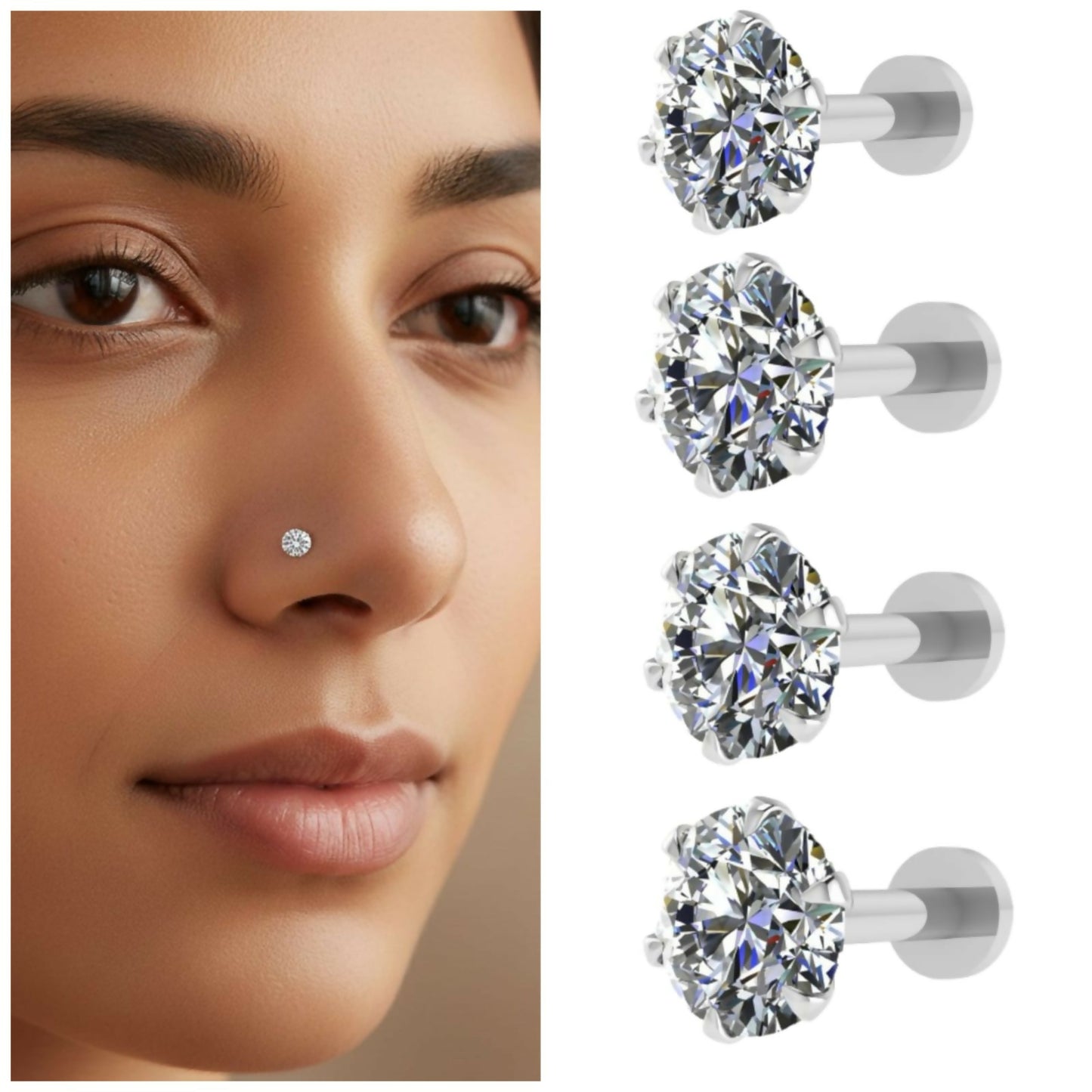 Silver plated internal thread nosepin stud for women and girls, combo pack of 4