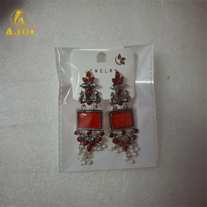 Elegant Red Stone Oxidised Silver Earrings with Pearl Danglers | Ethnic Statement Jewelry