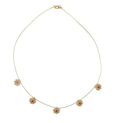 Ruby Floral Station Necklace with Diamond Detailing and Elegant Gold Chain Design