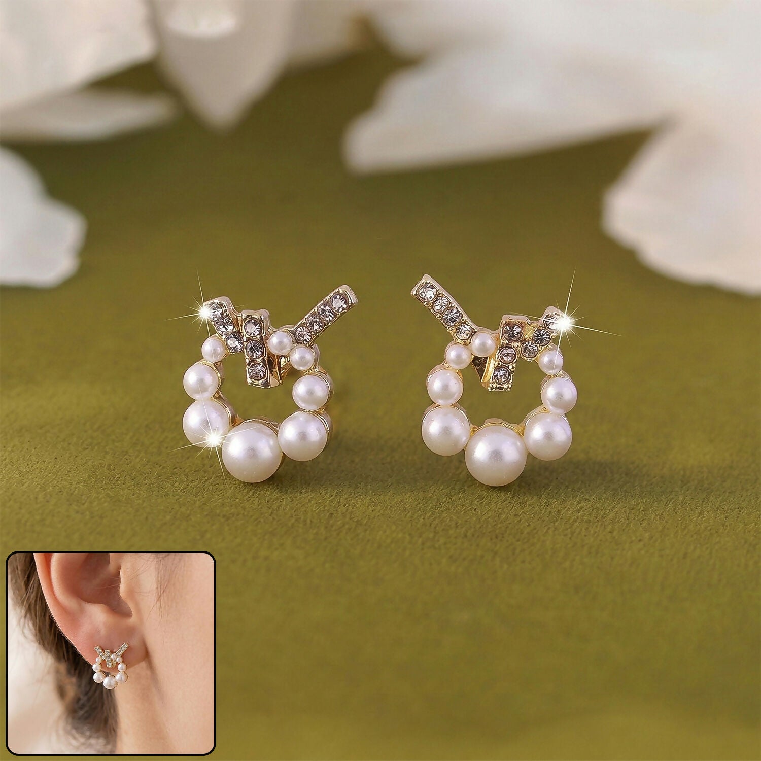 Korean Geometric Crystal Cross & Pearl Earrings – Elegant Style for Women