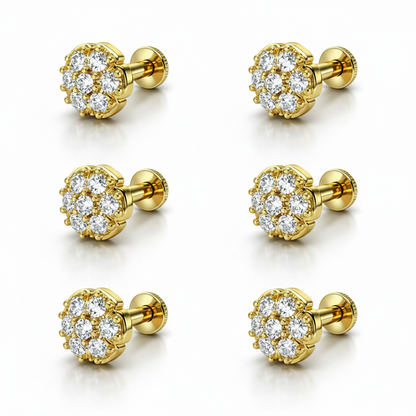 Hand set AAA+ cubic zirconia crystals on gold plated flower stud earrings