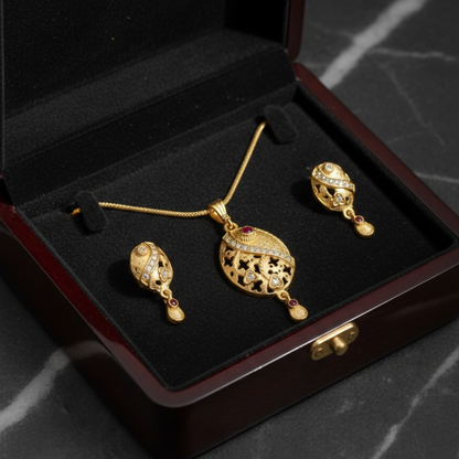 Oval Motif Gold Pendant and Earring Set Elegant Traditional Jewelry Set for Women