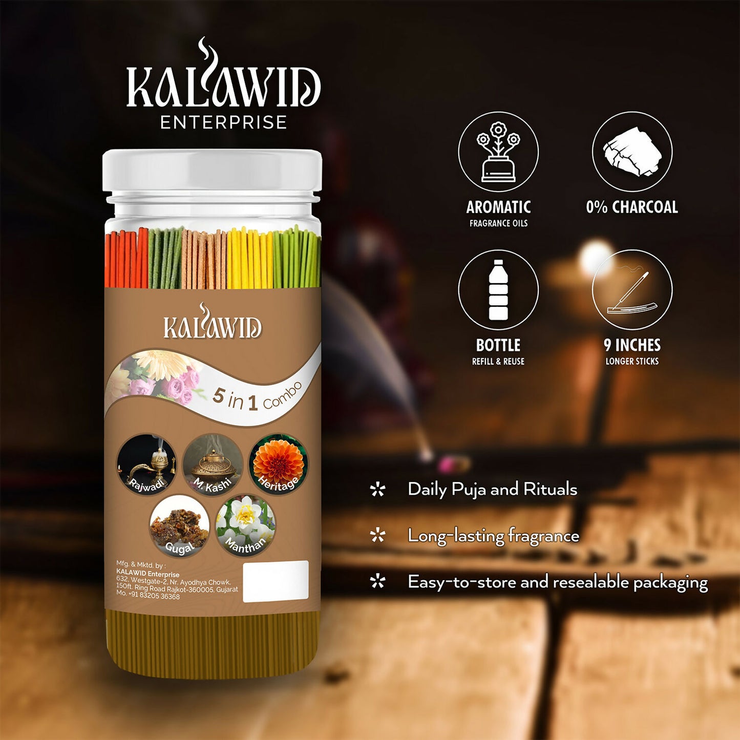 Premium Agarbatti 5 In 1 Combo with Rajwadi, Masalakashi, Heritage, Gugal, Manthan Fragrances for Long Lasting Aroma (400 Gm)