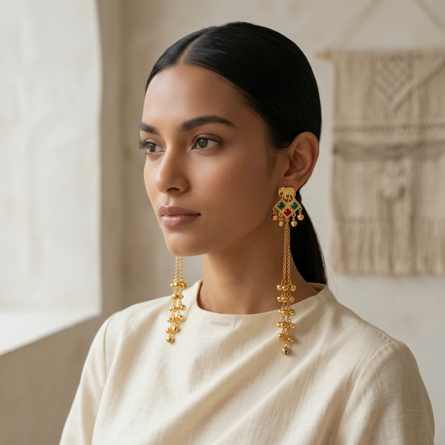 Traditional Gold Elephant Drop Kashmiri Earrings with Multicolor Stone Accents