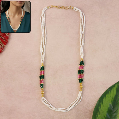 Handcrafted white beaded mala necklace with green and pink accents for women