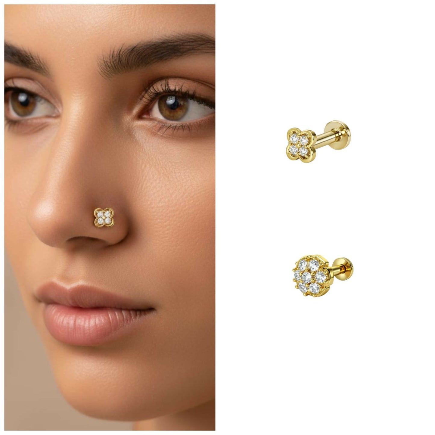 Gold plated clover nose stud with sparkling cubic zirconia crystals