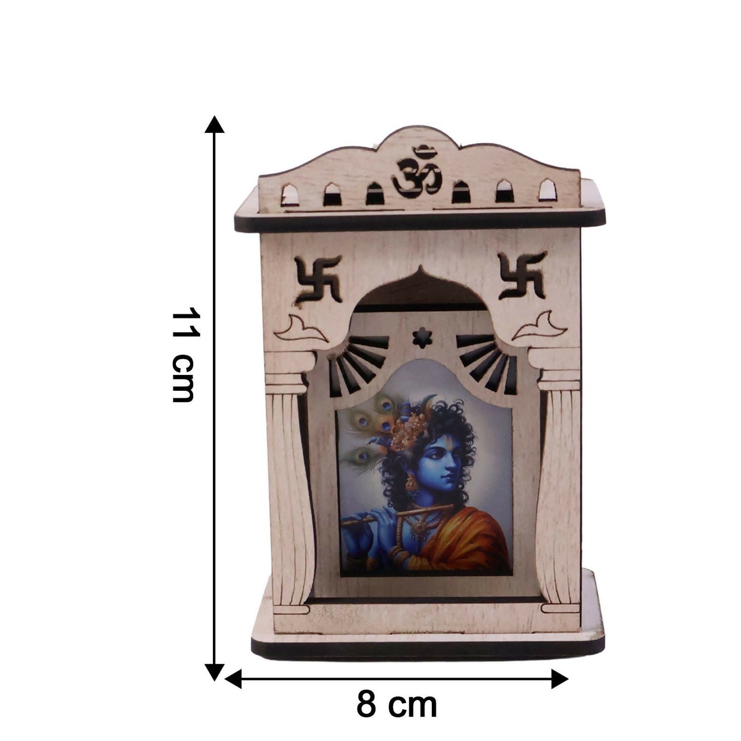 Wooden Krishna Mini Temple with Printed Image & Adhesive Base – Tabletop Mandir