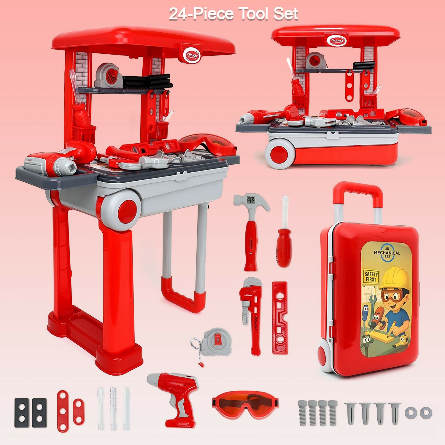 Aditi kids big plastic tool trolley kit with briefcase and accessories front view