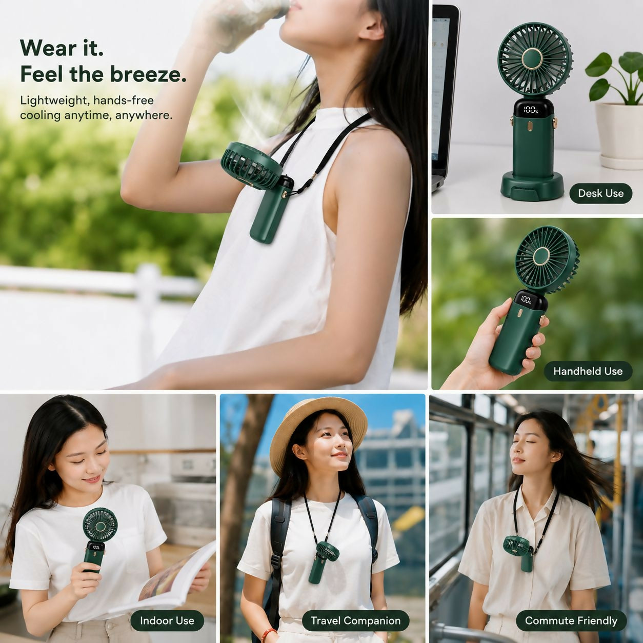 Portable Mini Neck Fan with LED Display & Desk Stand