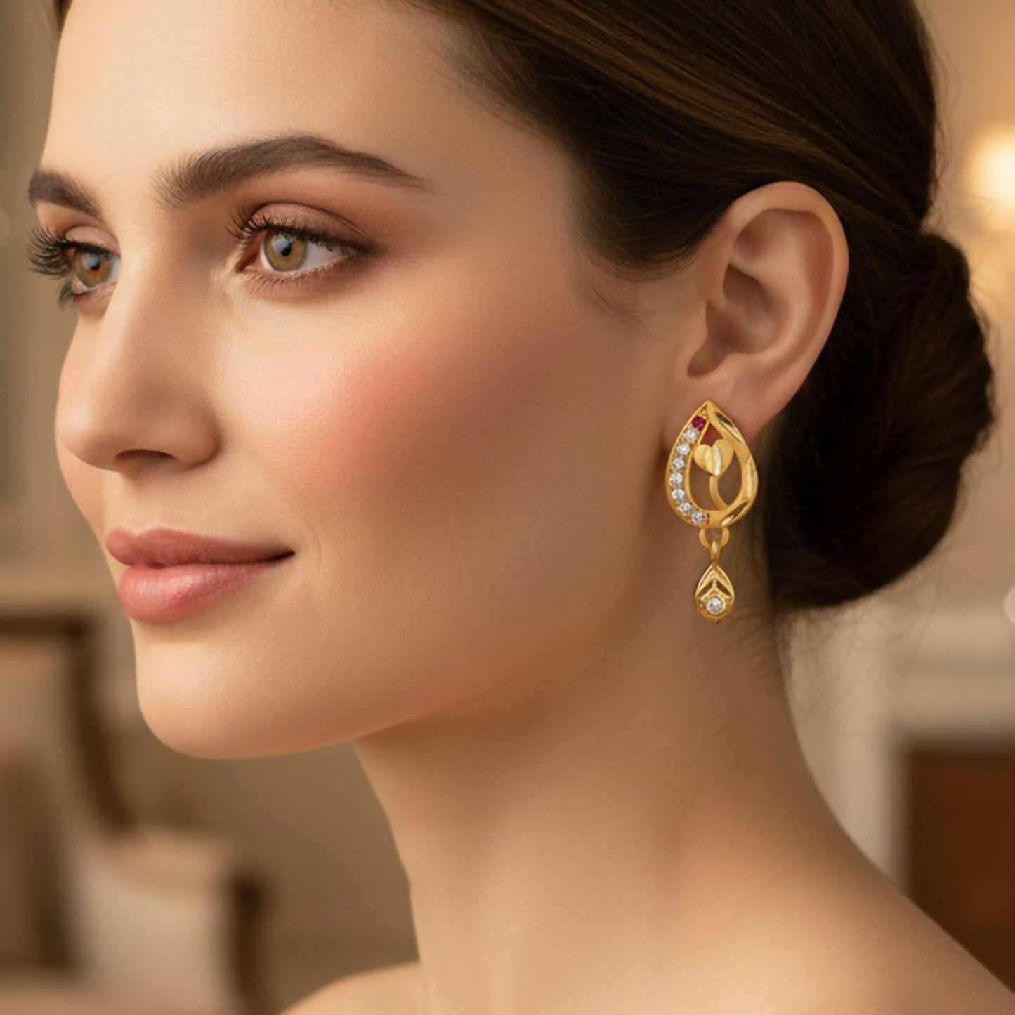 Ruby Blossom Teardrop Leaf Drop Gold and Stone Earrings