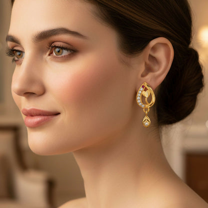 Ruby Blossom Teardrop Leaf Drop Gold and Stone Earrings