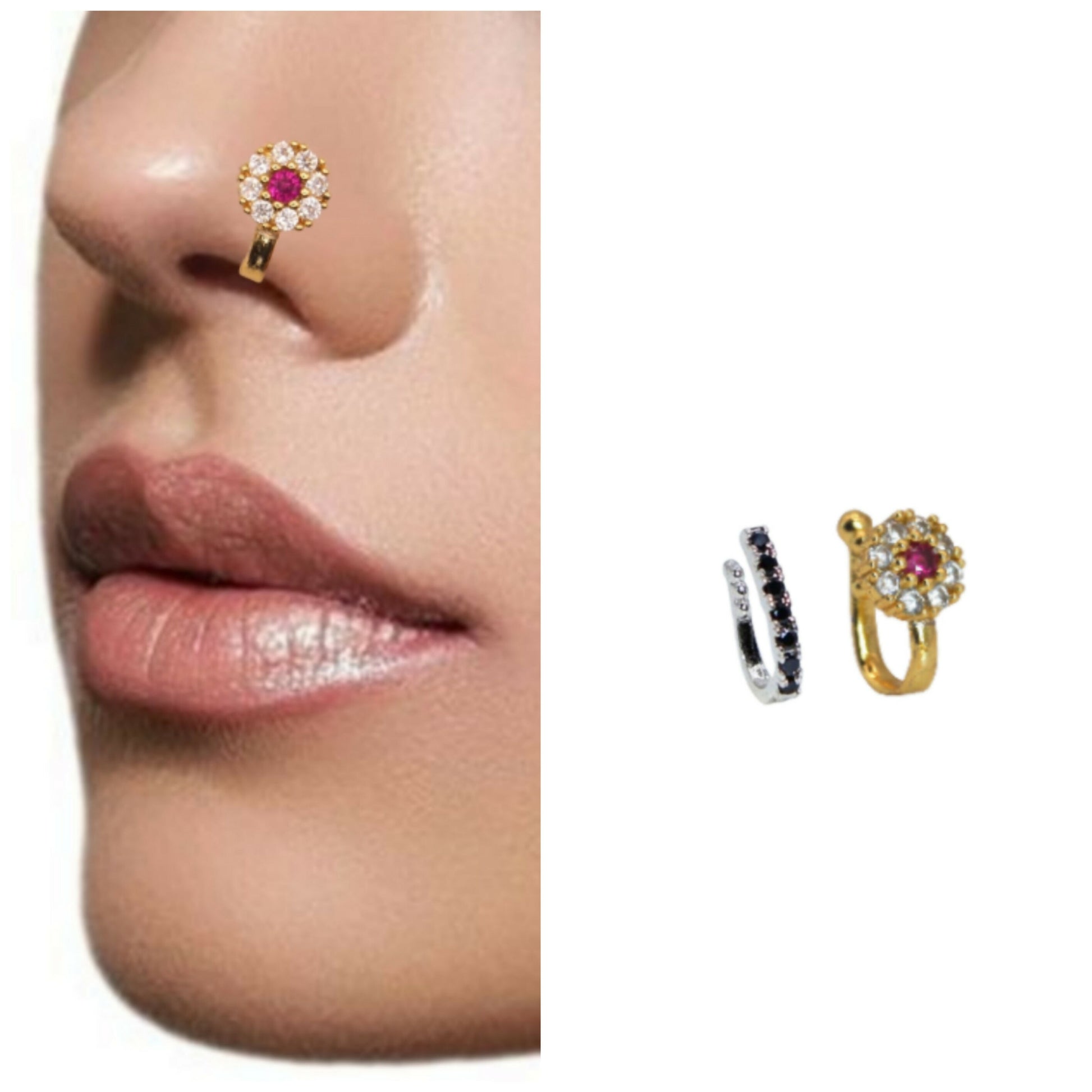 Gold-toned Indian style non-piercing nose cuff with cubic zirconia floral design