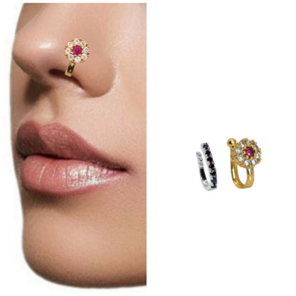 Gold-toned Indian style non-piercing nose cuff with cubic zirconia floral design