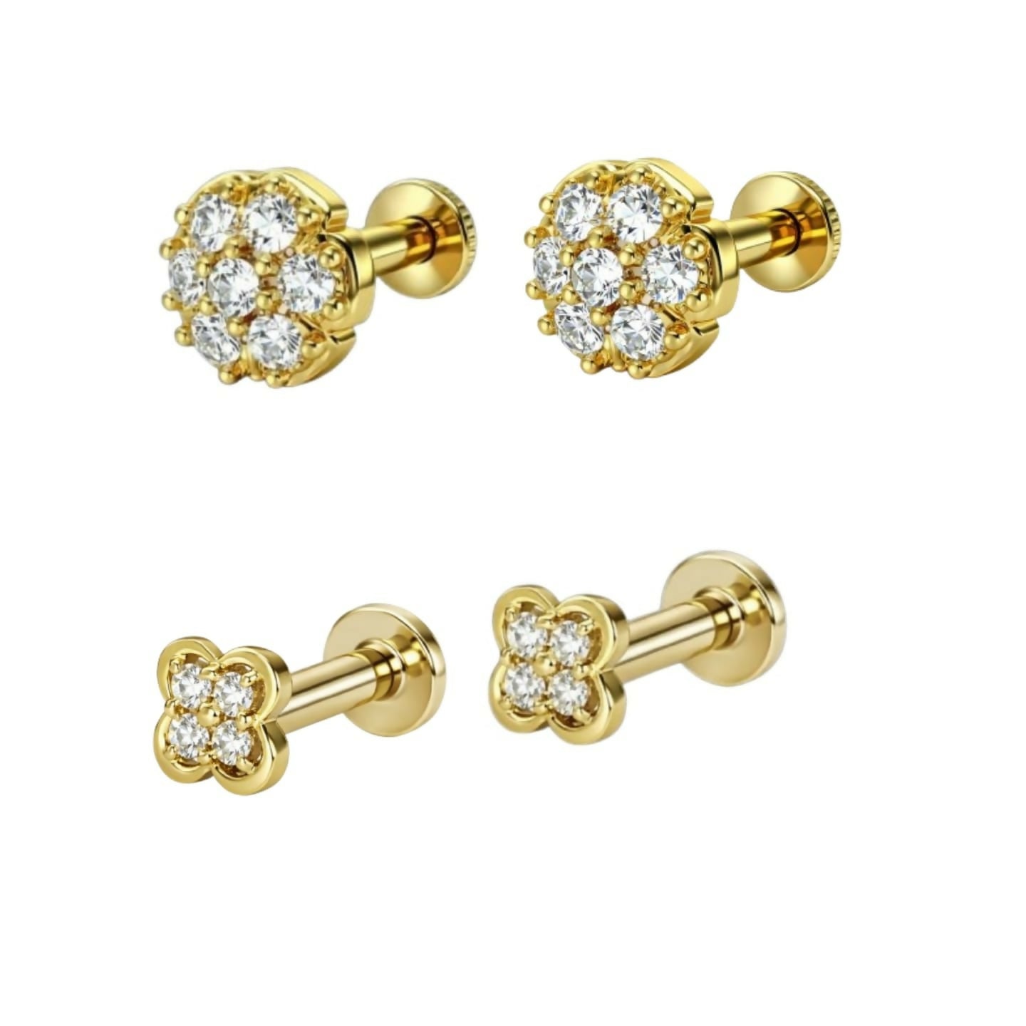 Side angle of gold labret stud earrings with four-leaf clover design