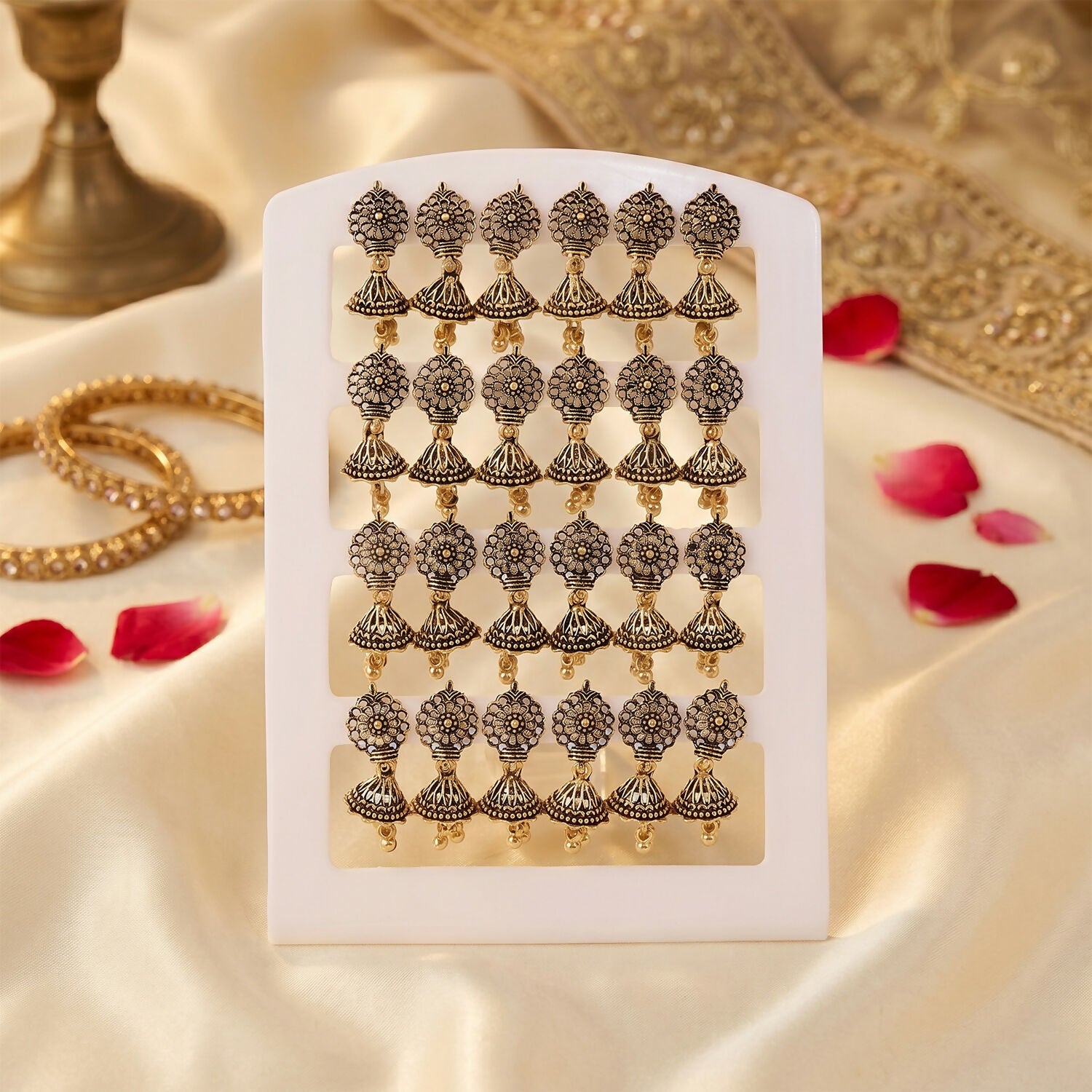 Top View of Floral Jhumka Earrings in 12 Pair Set