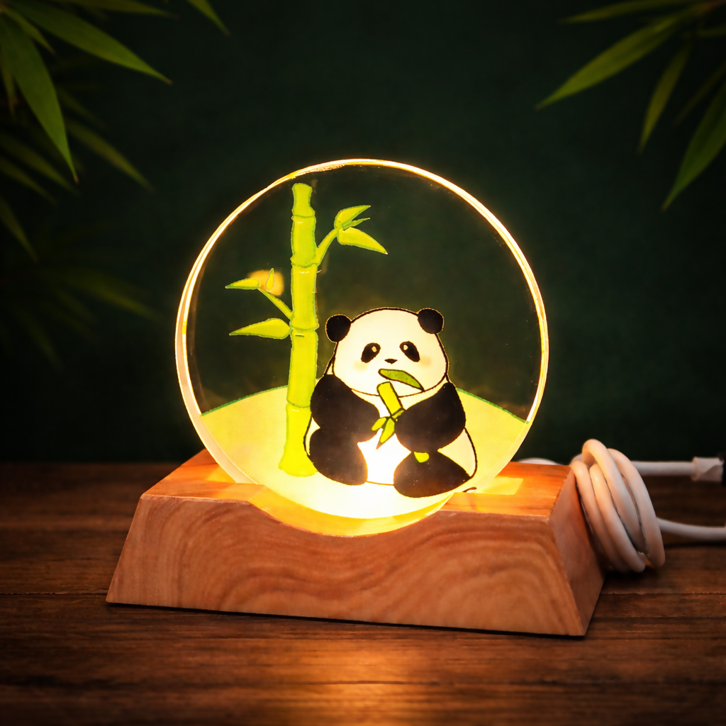 Panda Acrylic LED Night Lamp with Wooden Base USB Powered Decorative Light