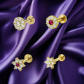 Gold Plated Floral Nosepin Stud Set – Elegant Ruby & Diamond Combo