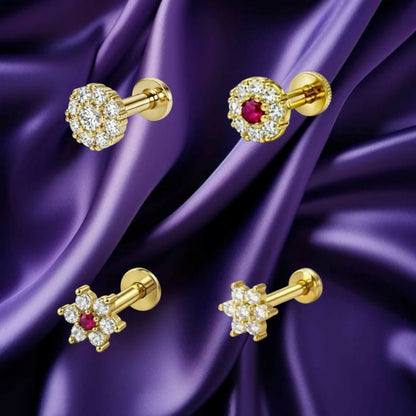 Gold plated floral nosepin stud set featuring ruby and diamond accents