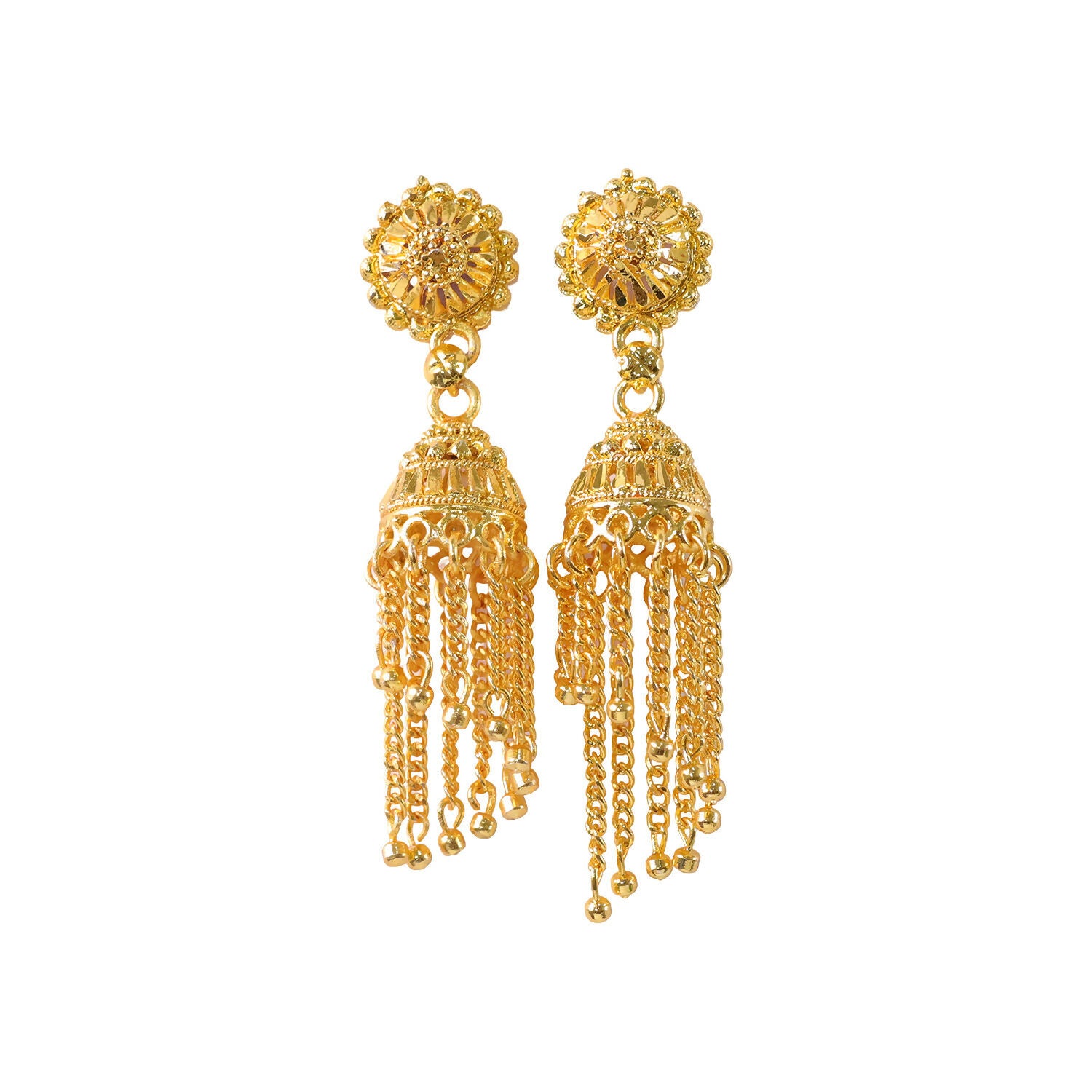 Side angle of gold plated long chain jhumka earrings highlighting fine craftsmanship