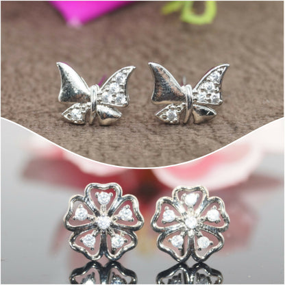 Silver-plated stud earrings set with butterfly and floral designs