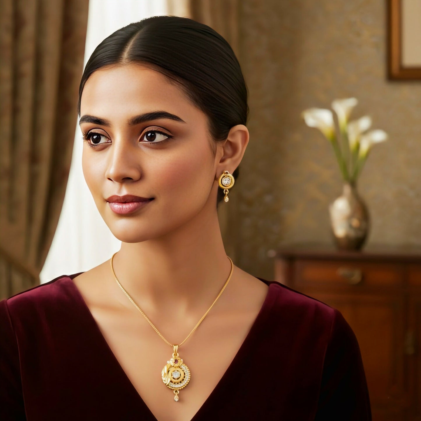 Gold-Plated Circular Pendant Necklace with Matching Drop Earrings