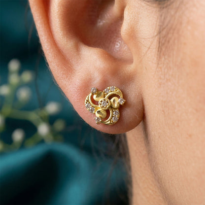 Elegant Floral Swirl Gold Stud Earrings with Crystal Detailing