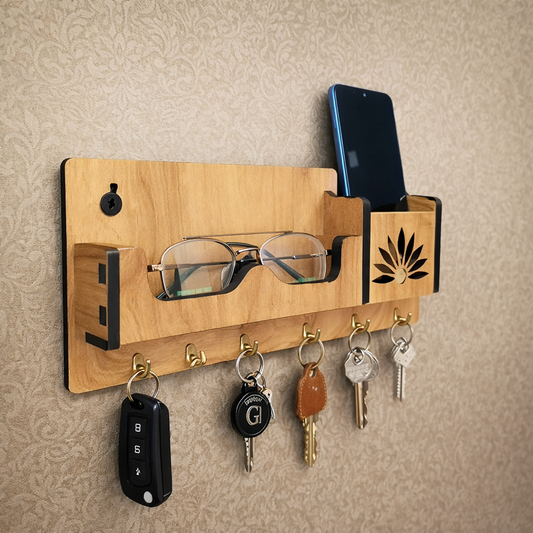 Wooden Wall Mounted Key Holder with Shelf for Mobile, Glasses and Keys