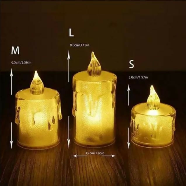 Three glowing clear plastic LED candles with measurement annotations showing their height and width.