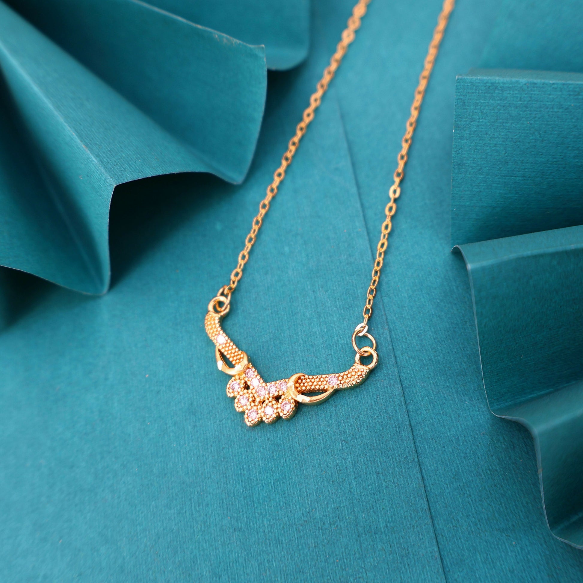 Gold Plated AD Floral Cluster V-Pendant Chain Necklace For women and girls