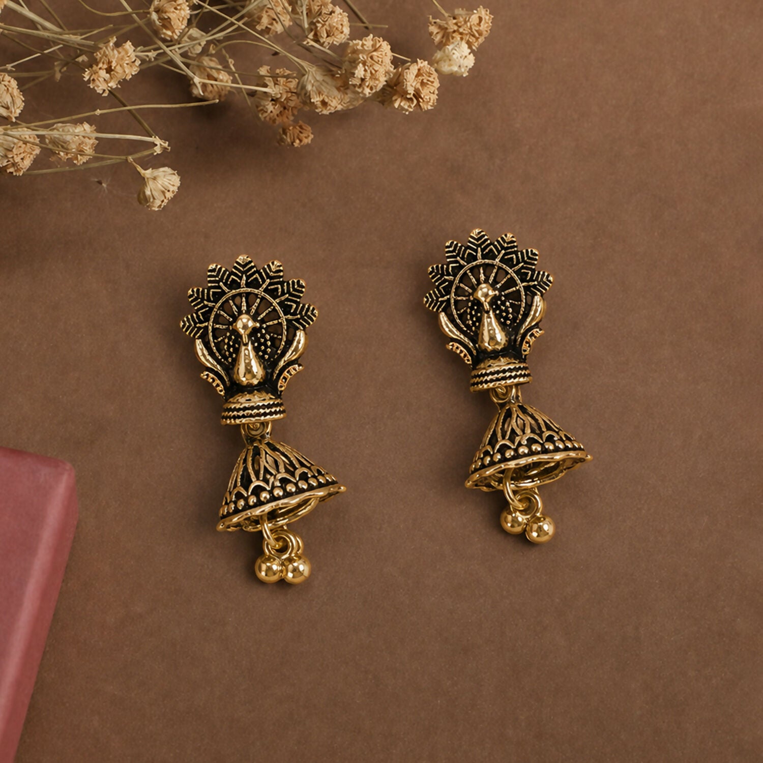 Oxidised jhumka earrings combo with floral and leaf design