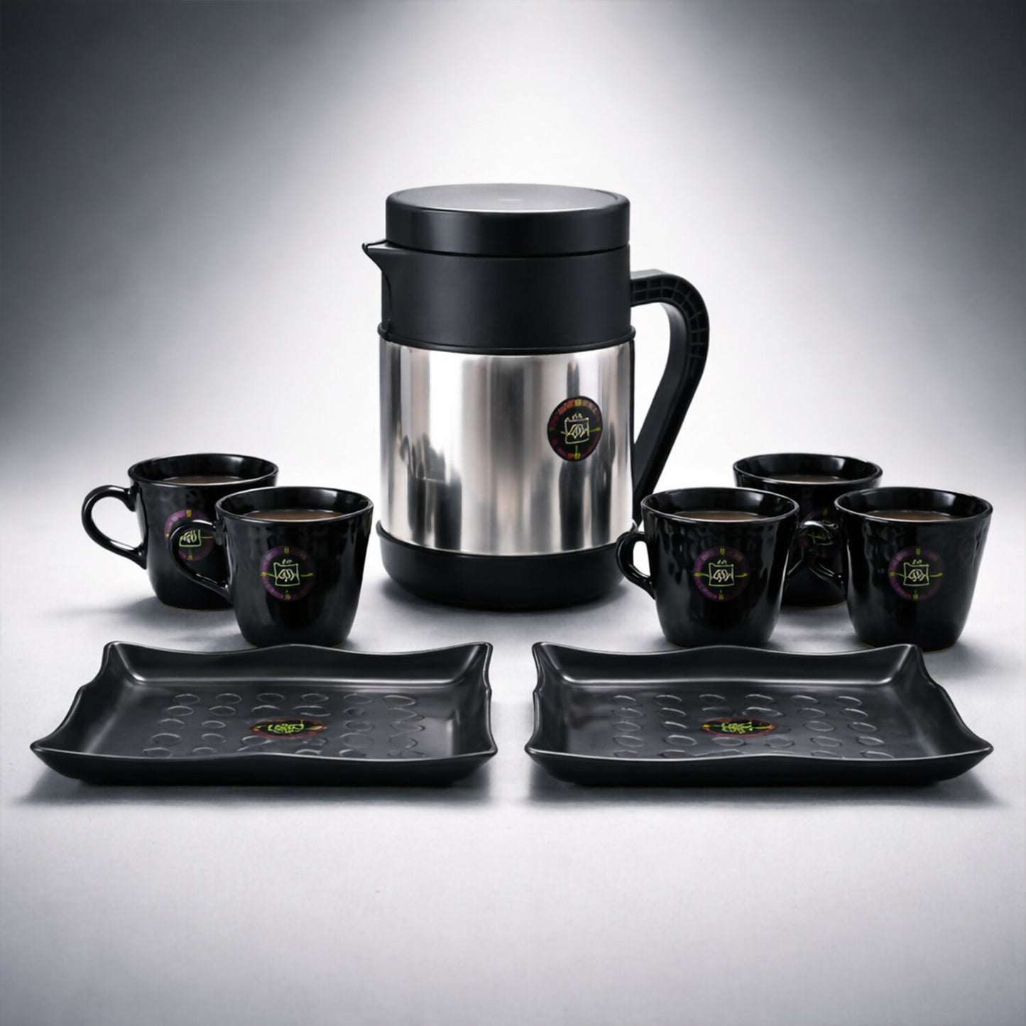 Premium Stainless Steel Tea & Coffee Serving Set with 6 Cups and Tray Set for Home & Office