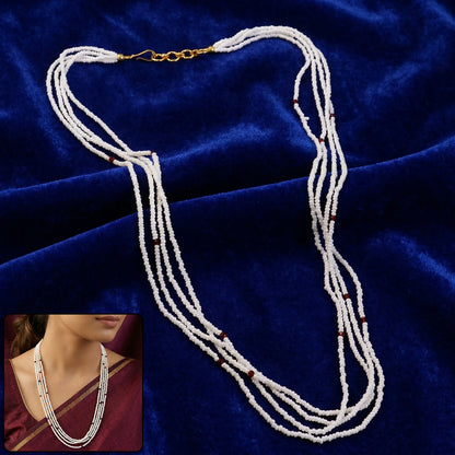Elegant white multi-layer handmade beaded mala necklace with maroon accents
