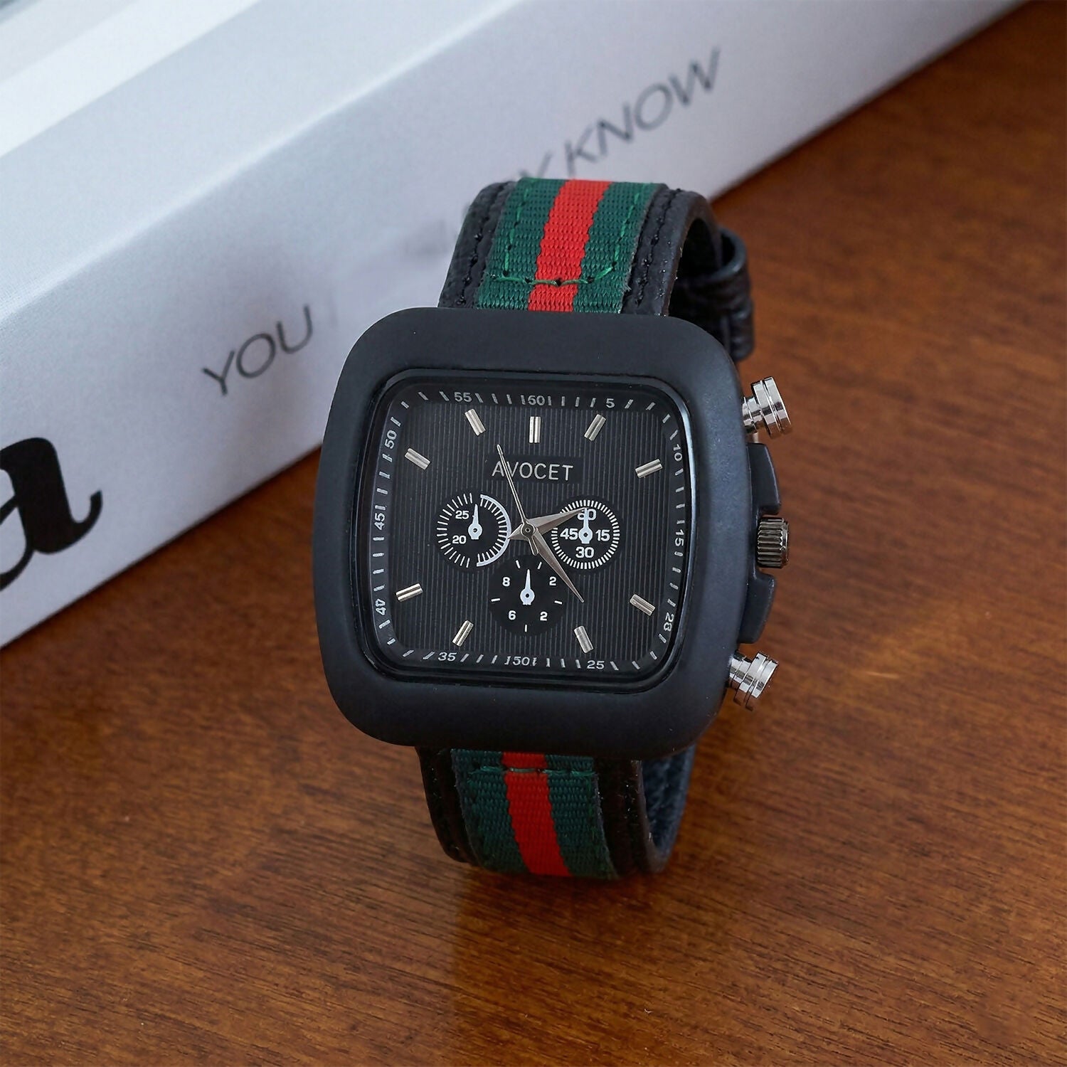 Stylish Black Square Dial Analog Watch with Striped Strap & Metal Case