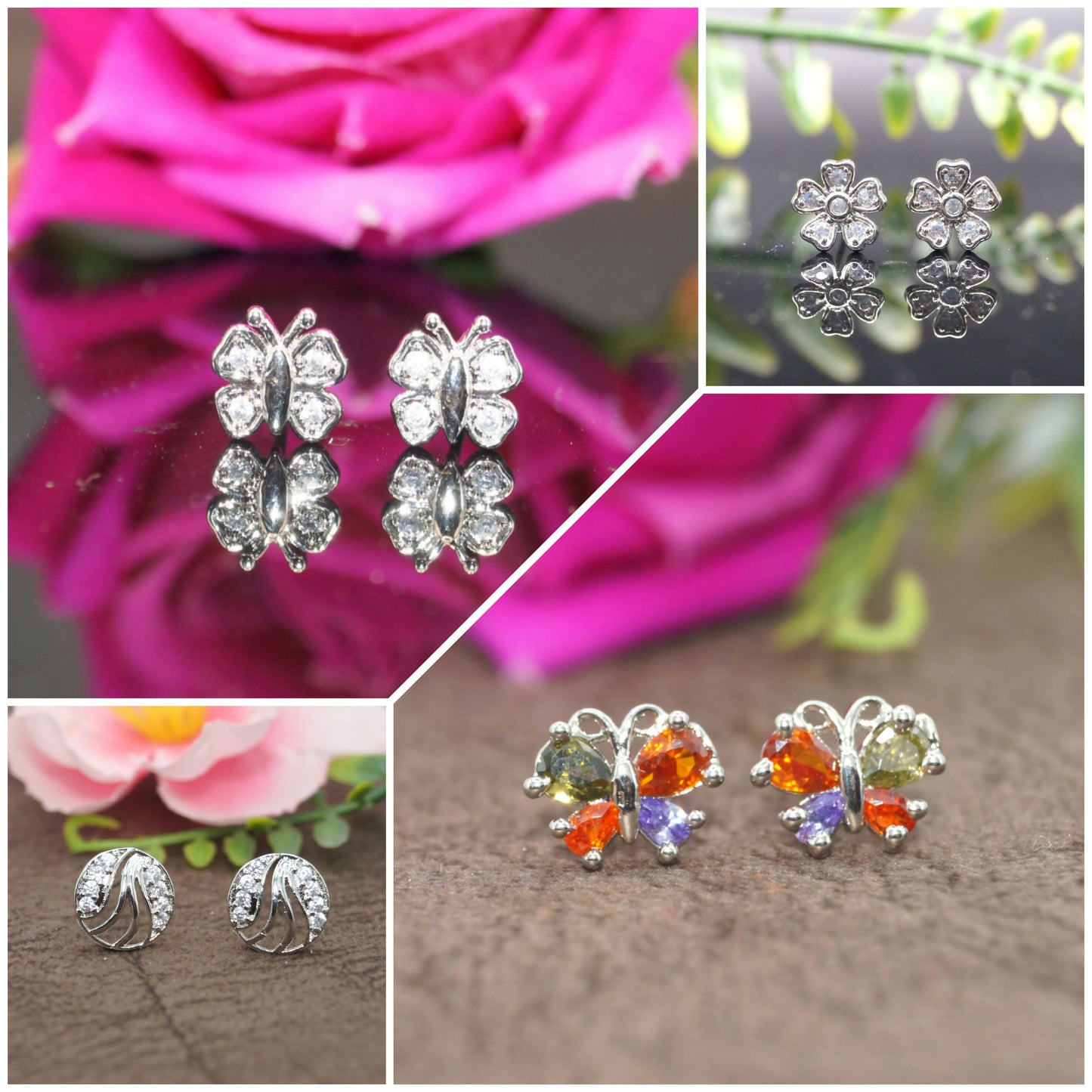 Set of 4 silver stud earrings with butterfly and flower designs featuring sparkling CZ stones