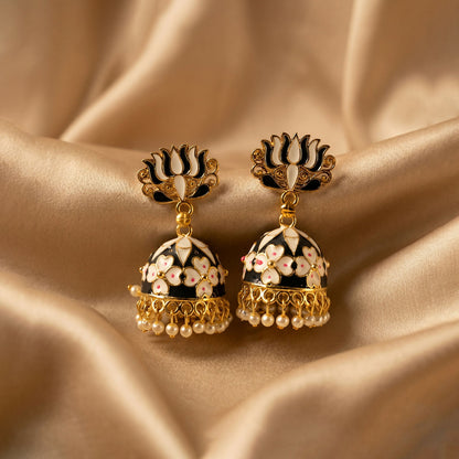 Detailed golden finish on lotus jhumka earrings