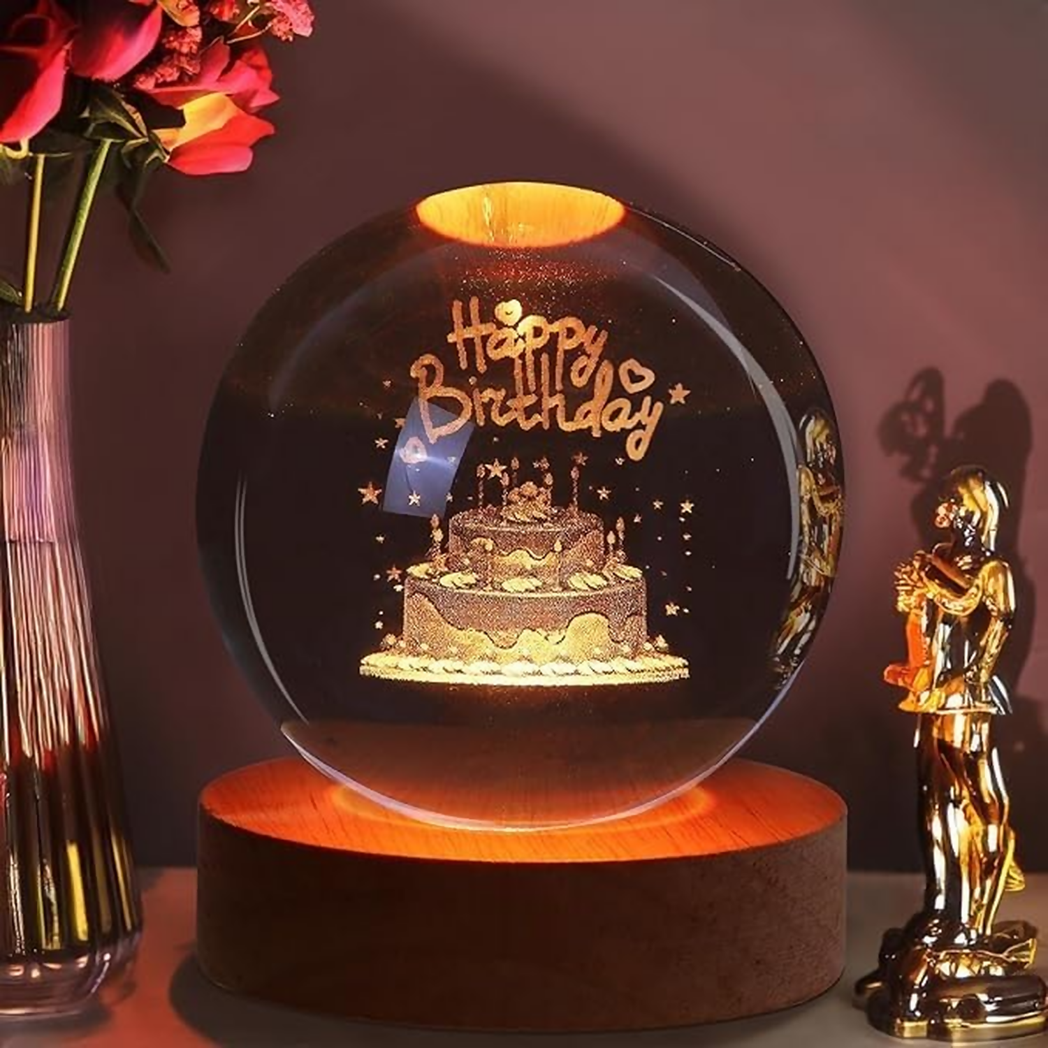 3D Crystal Ball Birthday LED Lamp with Wooden Base & Warm Light
