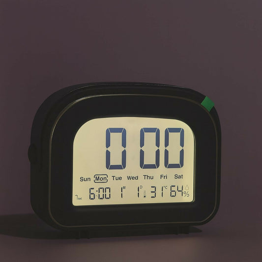 Black Digital Alarm Clock with Backlight, Large LED Screen, Snooze Function, Temperature & Humidity Display, Battery Operated Desk and Bedside Clock for Bedroom, Office, Kids & Travel