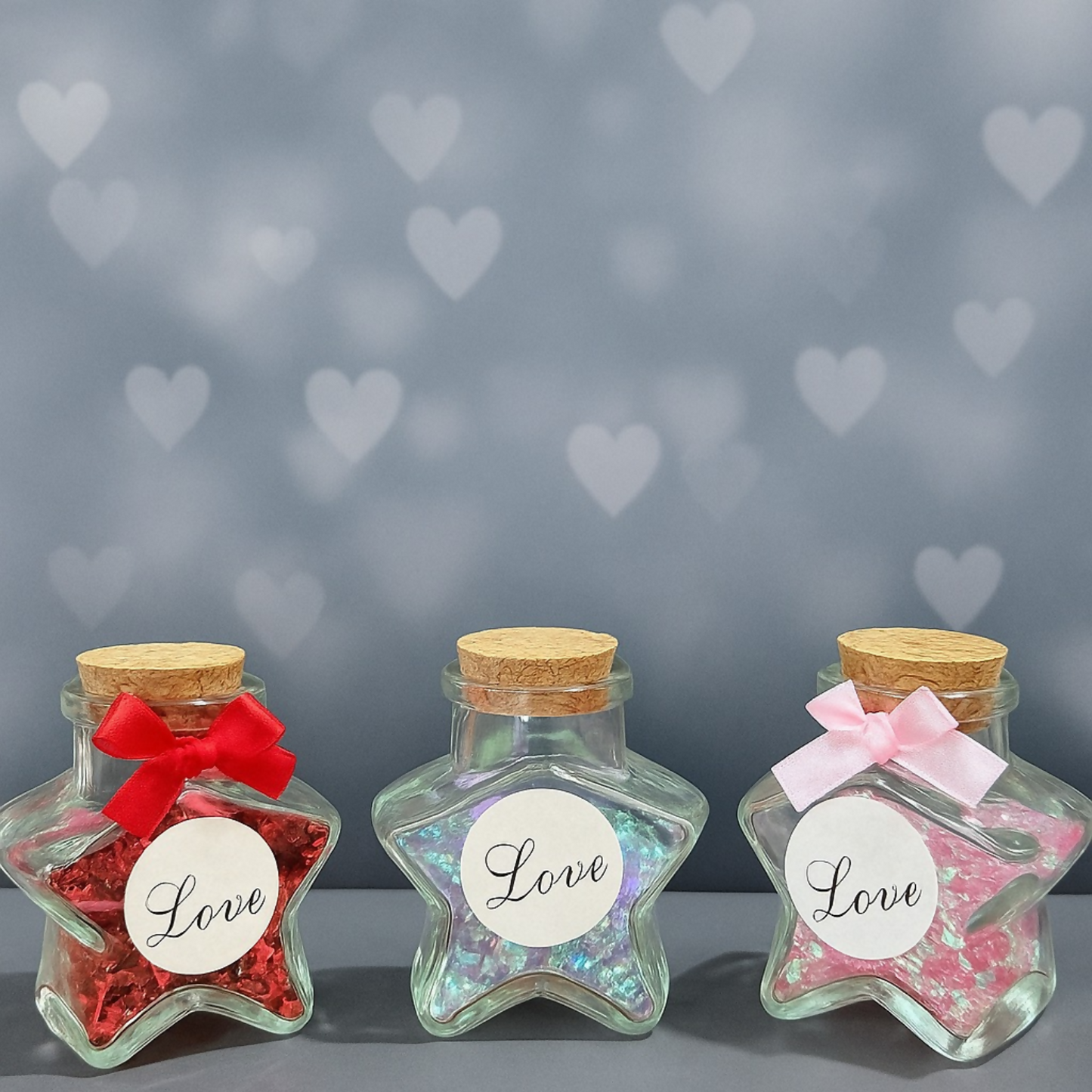 Star Shaped Glass Love Jar Bottles with Cork Lid and Decorative Ribbon – Set of 3 (Red, Blue & Pink) | Cute Romantic Gift Bottles for Valentine’s Day, Anniversary, Birthday, Home Decor | Glitter Filled Mini Message Bottles