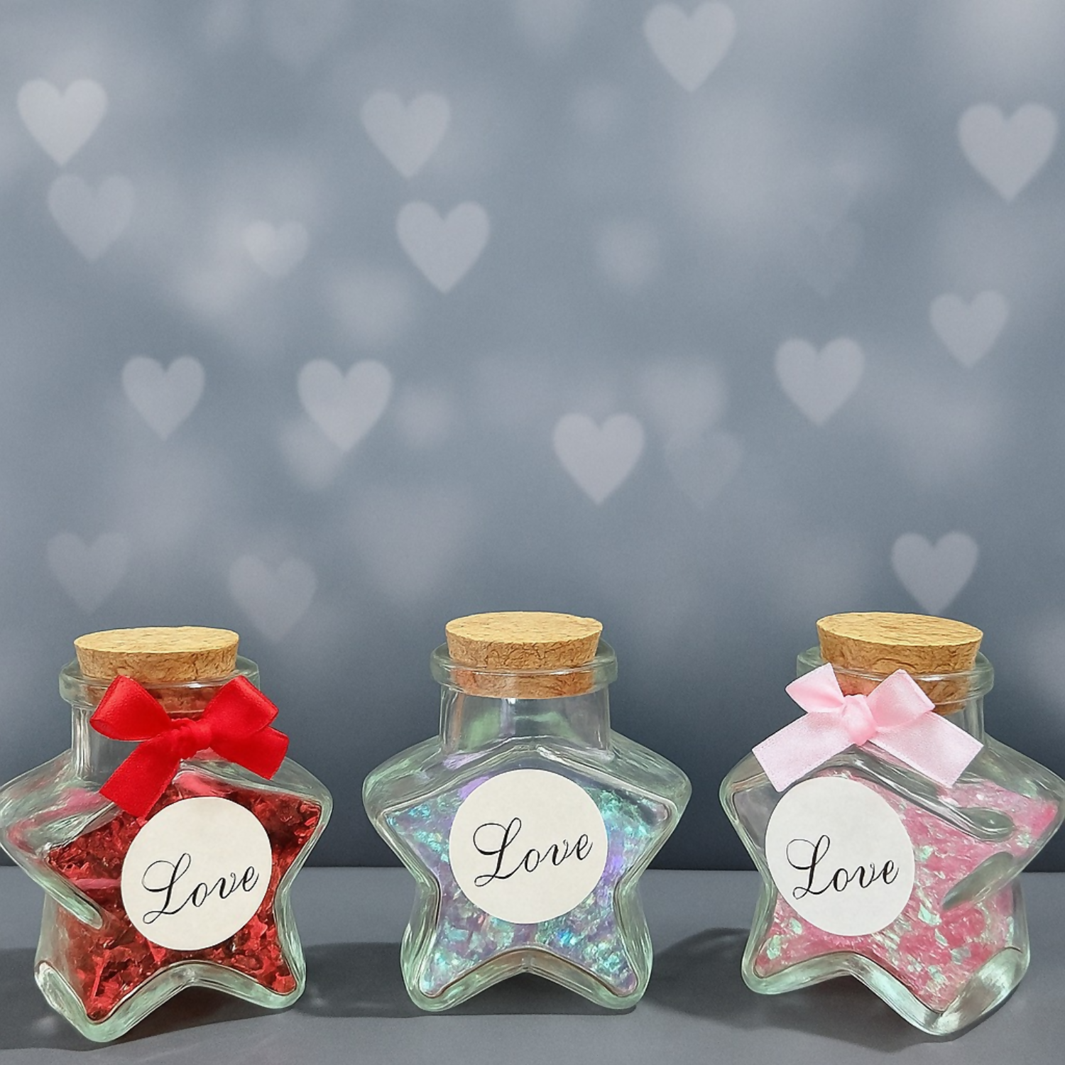 Star Shaped Glass Love Jar Bottles with Cork Lid and Decorative Ribbon – Set of 3 (Red, Blue & Pink) | Cute Romantic Gift Bottles for Valentine’s Day, Anniversary, Birthday, Home Decor | Glitter Filled Mini Message Bottles