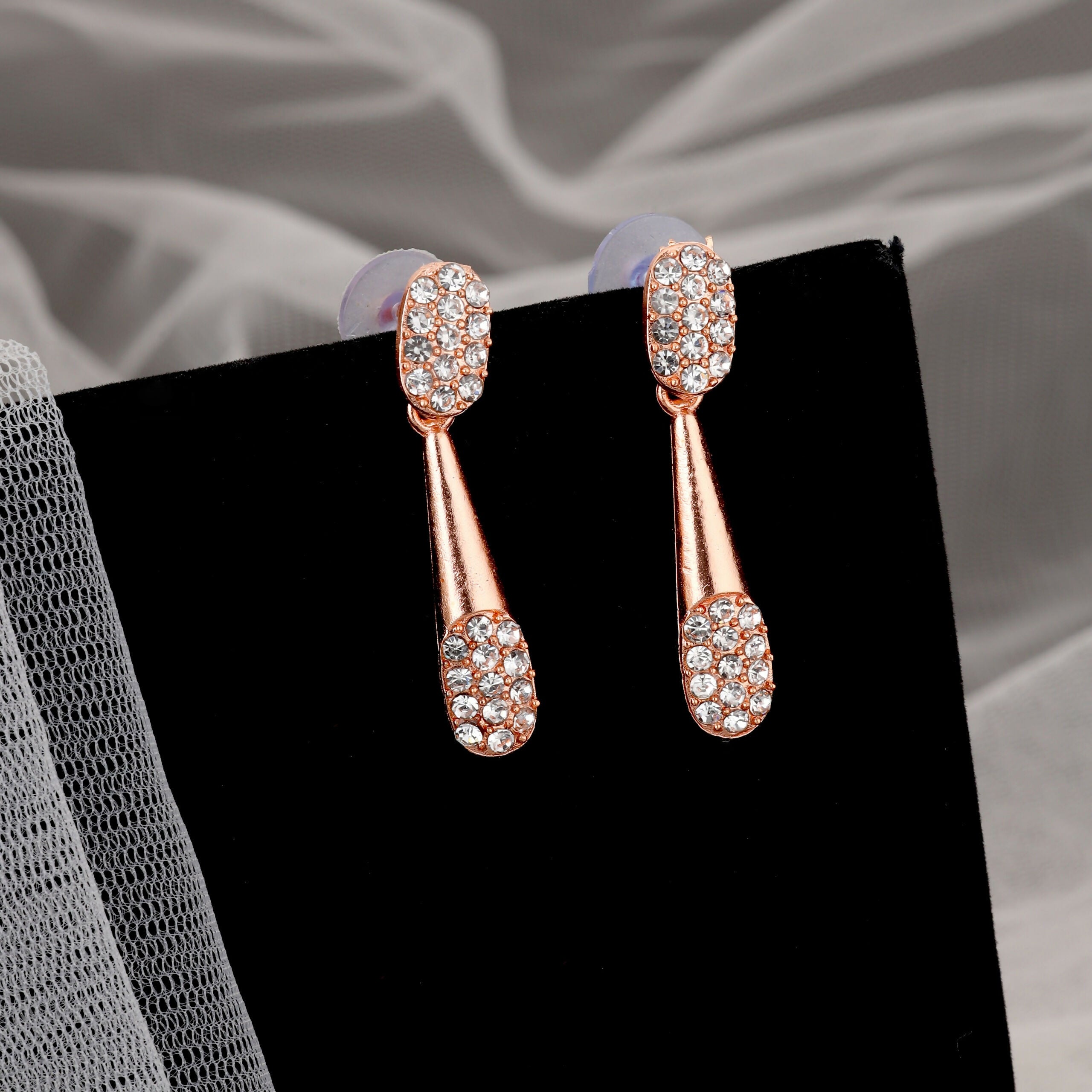 Rose Gold-Toned American Diamond Tassel Necklace Set – Stylish Jewelry