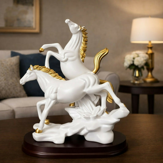 White Gold Horse Statue Showpiece for Home Decor Table Accent