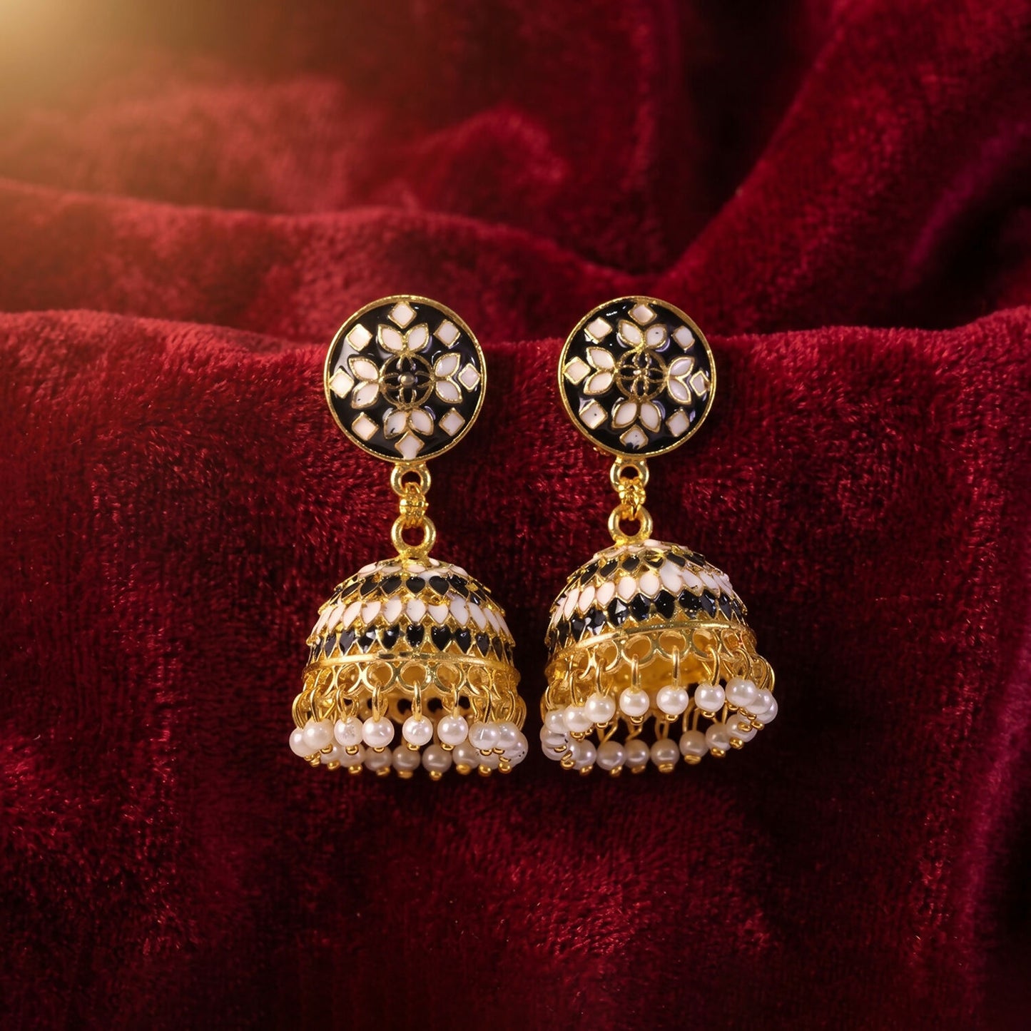 Pearl bead details on black round stud jhumka earrings