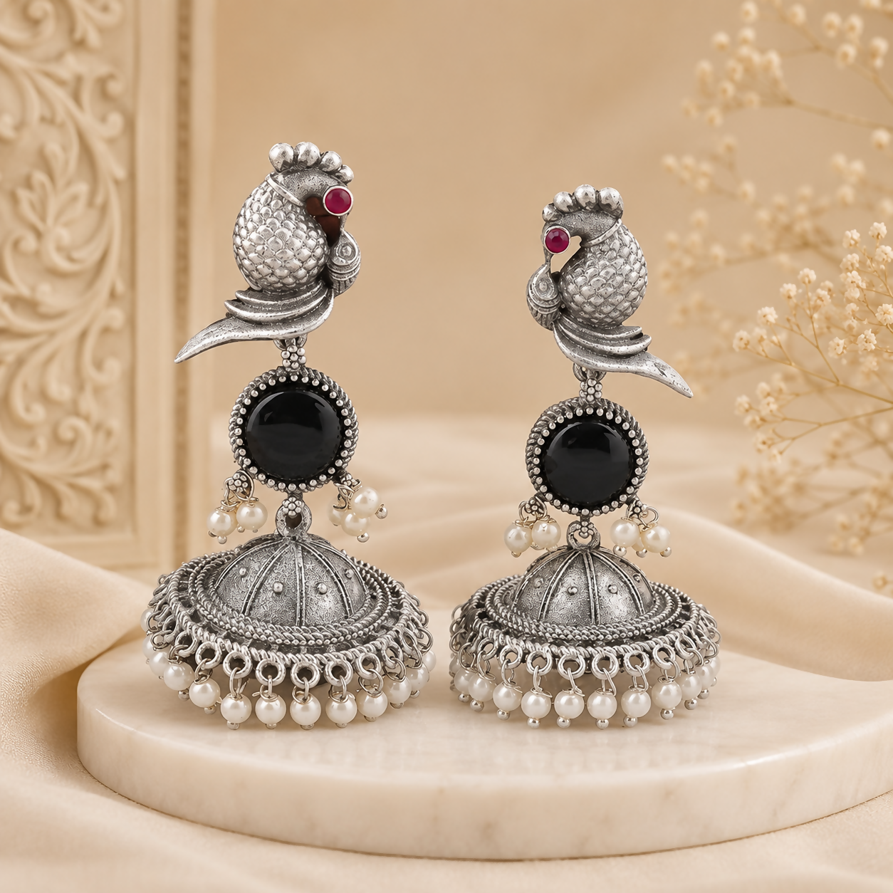 Royal Peacock Oxidized Silver Jhumka Earrings with Black Stone & Pearl Accents