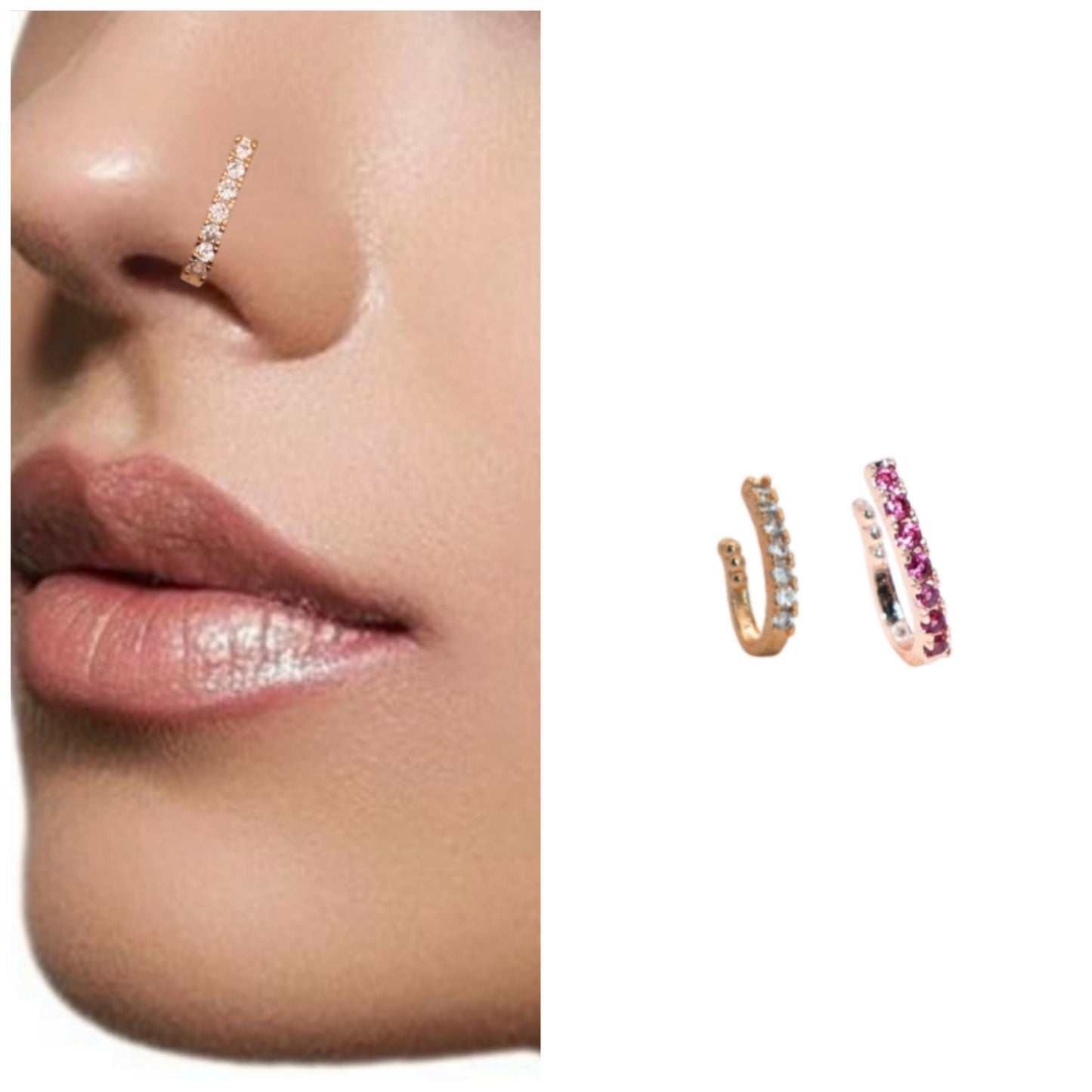 Set of five gold-plated clip-on nose rings with floral and stone accents on white background