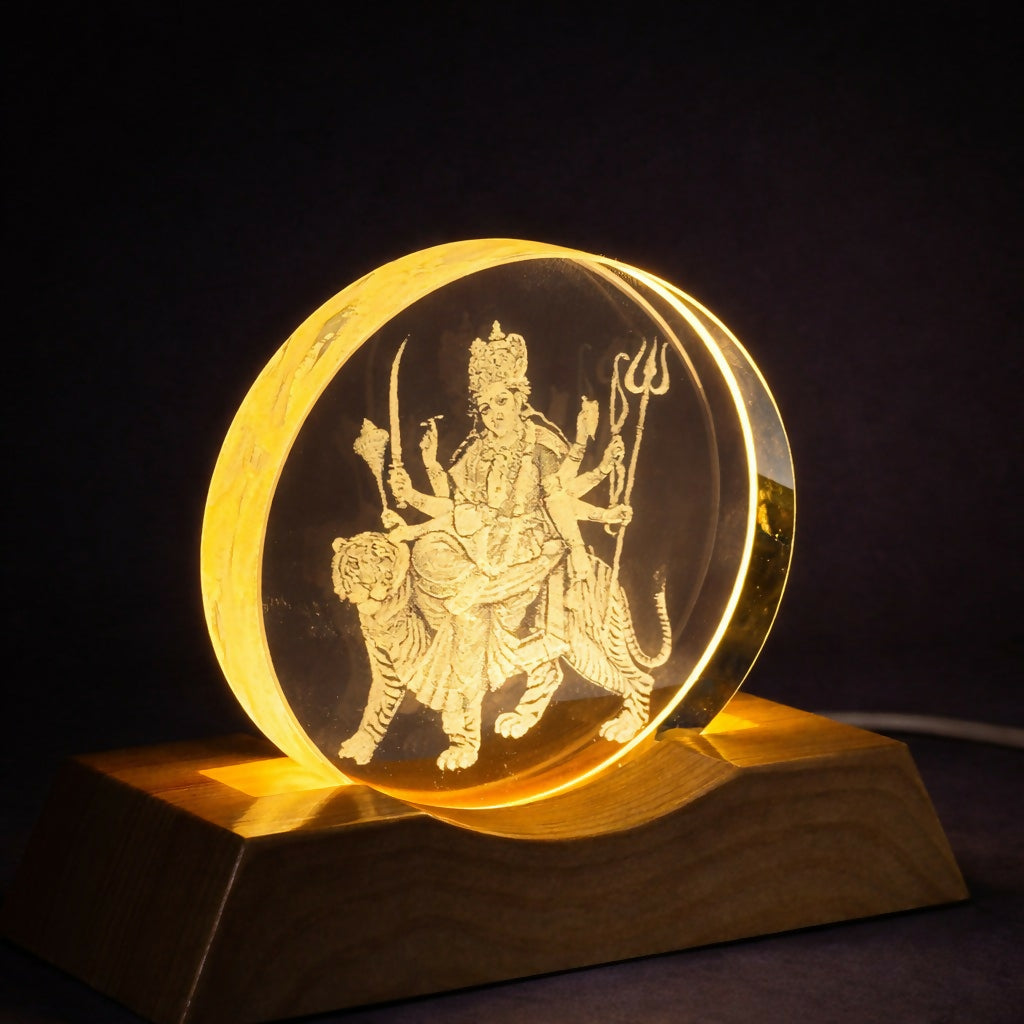 Durga Engraved Acrylic LED Night Lamp with Wooden Base for Home Decor & Gifting