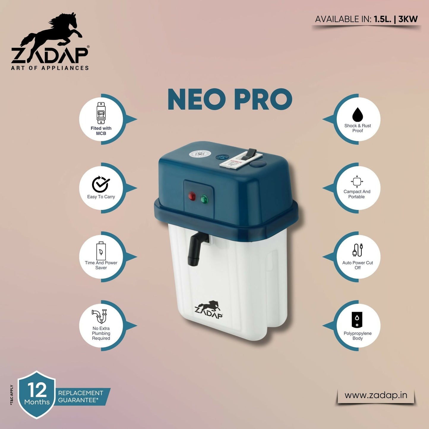 ZADAP Portable 3kW Instant Water Heater - Fast & Safe