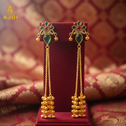 Kashmiri gold plated floral long latkan earrings with green stone drop