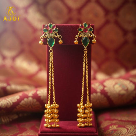 Kashmiri gold plated floral long latkan earrings with green stone drop