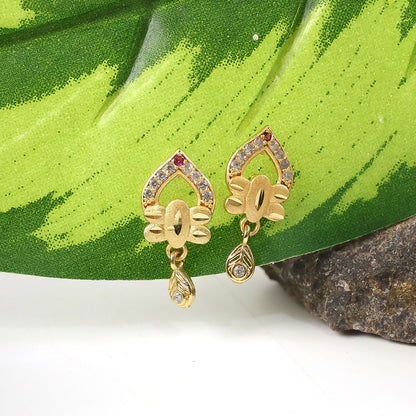 Modern Floral Gold Finish Stud Earrings With Polished Texture And Drop Accent