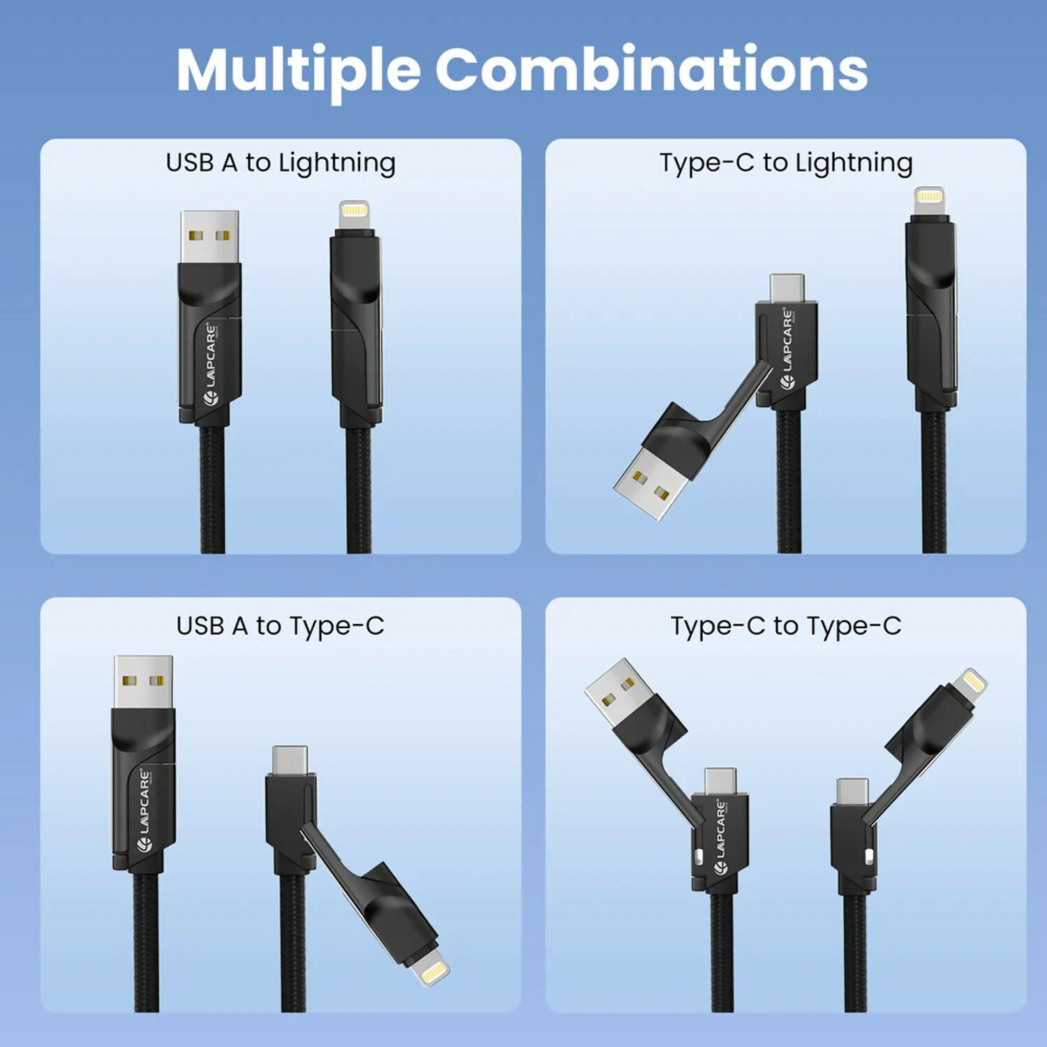 Lapcare Hook 4 in 1 Braided Charging Cable with USB A, Type C & Lightning